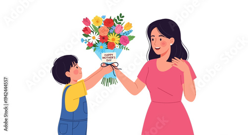 Child Giving Mother Bouquet of Flowers.