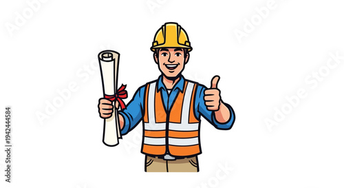 Construction Worker Wearing Hard Hat and Vest.