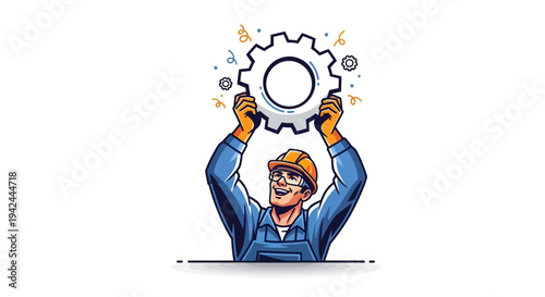 Mechanic Holding Large Gear with Excitement.