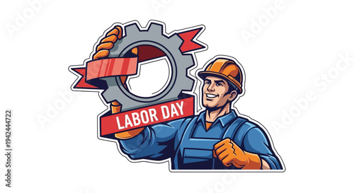 Labor Day Worker Holding Gear Icon.