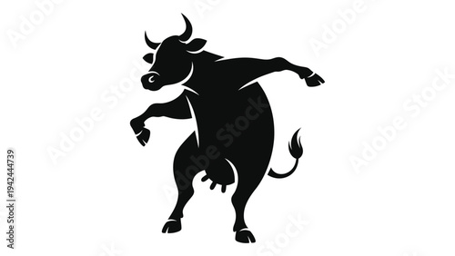 A striking black silhouette depicts a dancing bull with prominent horns and tail