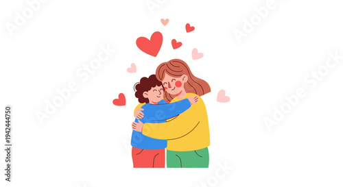 Mother and Child Hugging with Hearts.
