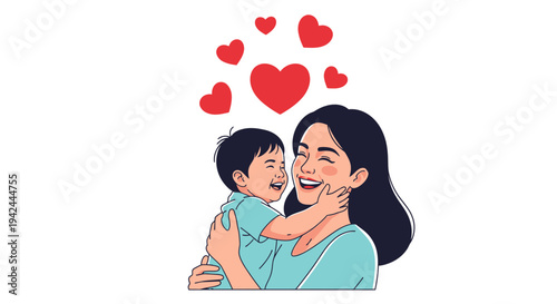 Mother and Child Embracing with Love Hearts.