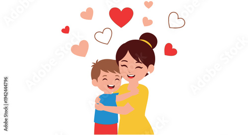 Mother and Son Hugging with Hearts.