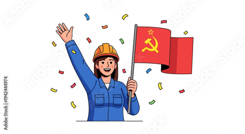 Woman in hard hat holding communist flag.