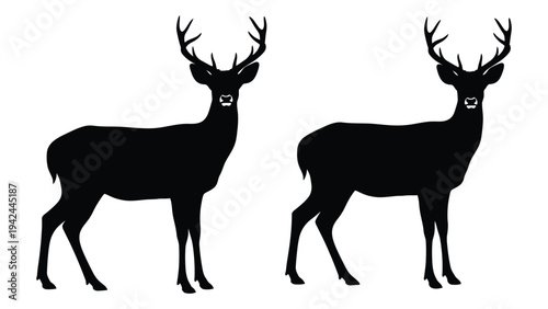 Two black silhouettes of majestic deer facing forward showcasing their large antlers