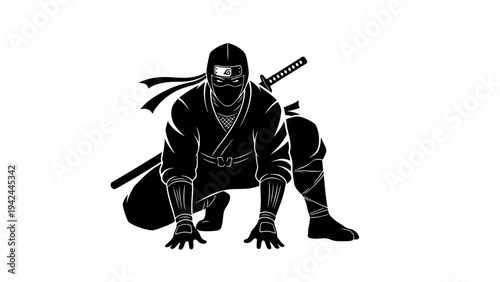 Ninja warrior in crouching position ready.