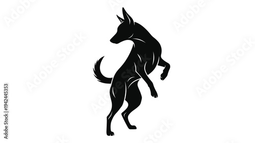 A stylized black silhouette of a german shepherd dog in a playful stance
