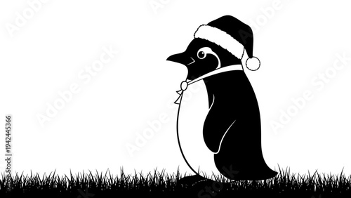 Penguin wearing Santa hat sitting.