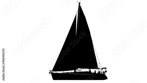 Sailboat with black sail on water.