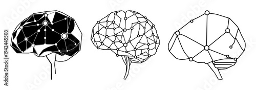 Neuralink brain interface set with abstract geometric shapes featuring cybernetic technology, futuristic design, circuit patterns with precise edges and white background