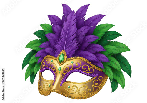 Ornate carnival mask with feathers and jewels for masquerade or mardi gras celebration isolated on transparent background