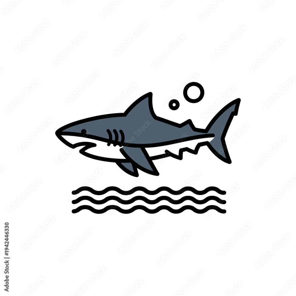 Fototapeta premium Cartoon shark swimming in water with bubbles icon