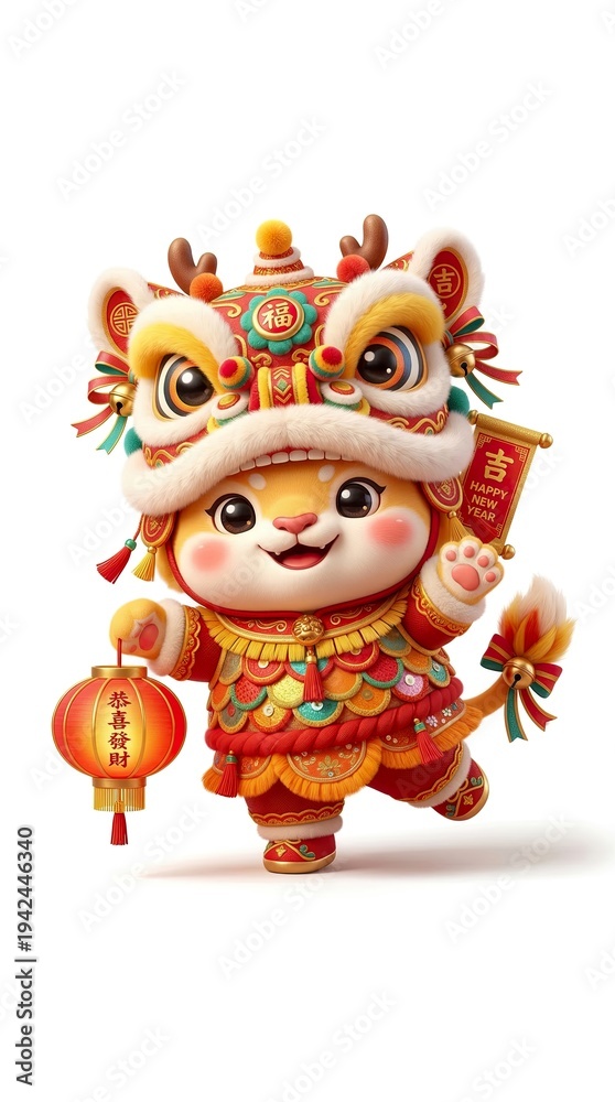 Fototapeta premium Cute Chibi Lion Dance Mascot 3D Illustration for Asian Lunar New Year, pure white background