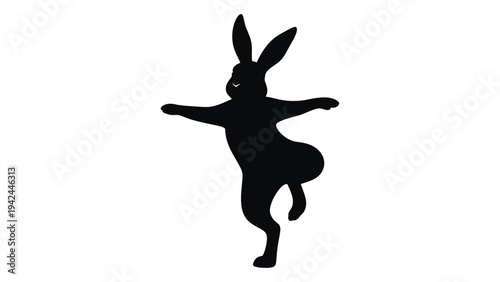 A black silhouette of a rabbit appears to be dancing or performing a playful pose