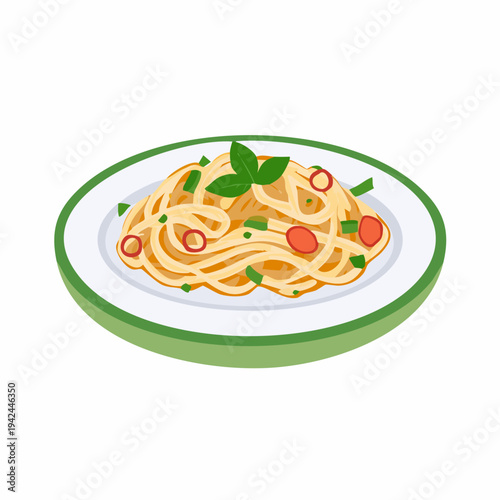 Cartoon spaghetti with basil and chili peppers illustration
