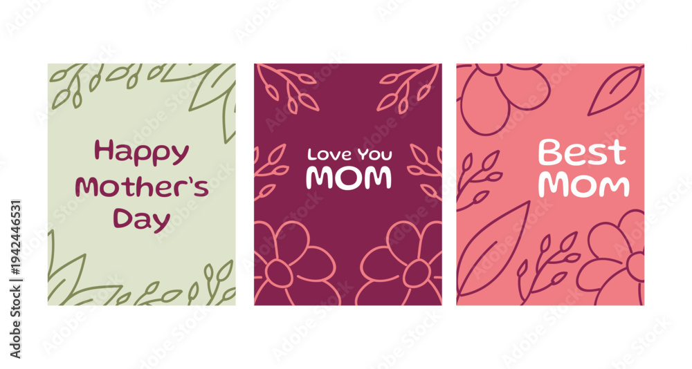 Naklejka premium Set of Three Mother's Day Greeting Cards With Floral Hand-Drawn Designs for Mom