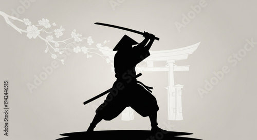 Japanese Samurai Warrior with Katana Sword Traditional Illustration