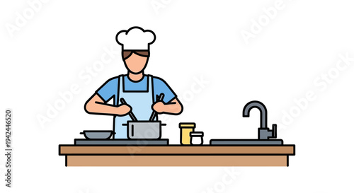 Chef cooking stirring food on kitchen stovetop with pot