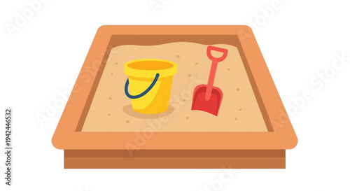 Children's sandbox with yellow bucket and red shovel