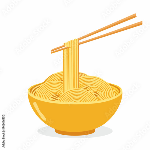 Chopsticks lifting yellow noodles from an orange bowl flat illustration
