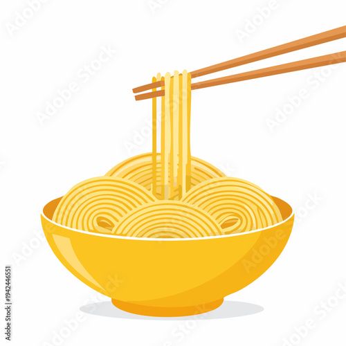 Chopsticks lifting ramen noodles from a vibrant yellow bowl