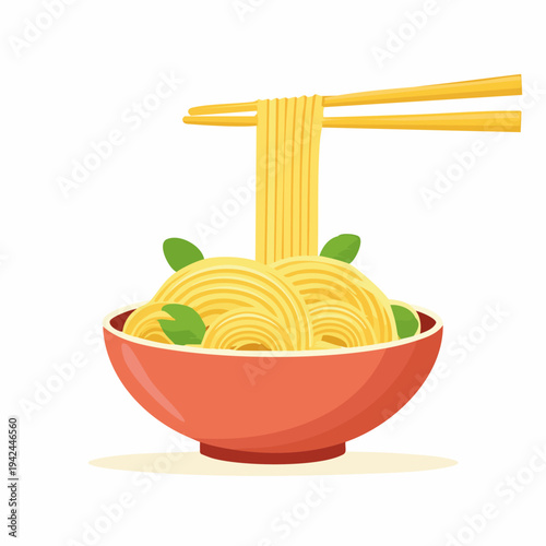 Chopsticks picking up noodles from a red bowl illustration