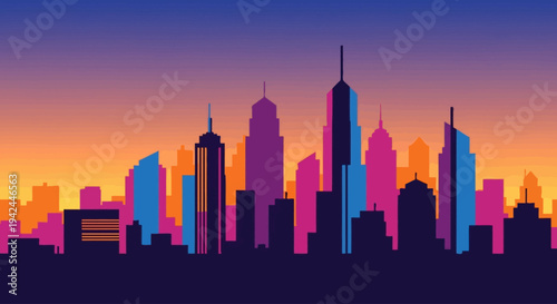 City skyline silhouette at sunset with vibrant gradient sky