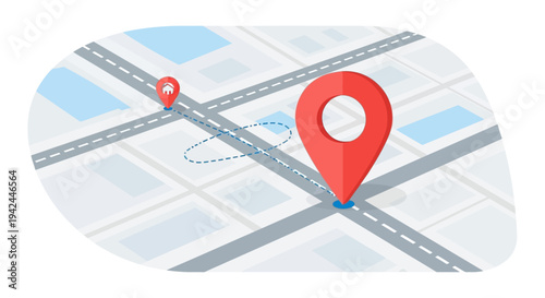 City map with navigation route and two location pins