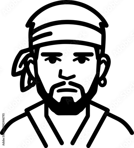 Hand Drawn Male Pirate Black and White Avatar Illustration in Minimal Line Art Style Design