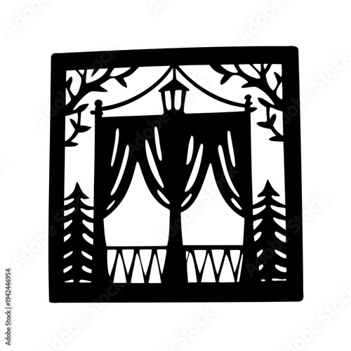 Romantic Garden Gazebo Silhouette Decorative Frame- Black silhouette illustration of a garden gazebo with curtains and surrounding trees inside a decorative frame, symbolizing romance, weddings