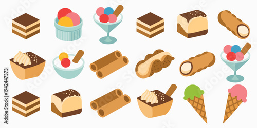 Italian Desserts and Ice Cream Isometric Illustration Showing Gelato Tiramisu Cannoli Cake Pastry Sweet Treats Bakery Food Flat Vector Graphics