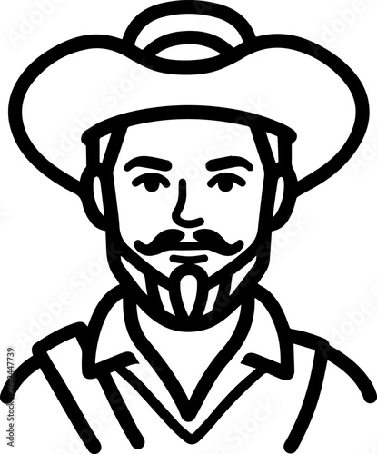 Hand Drawn Male Pirate Black and White Avatar Illustration in Minimal Line Art Style Design