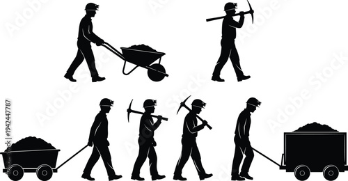 Coal miner silhouette vector set featuring male workers in hard hats carrying pickaxes and pushing heavy ore carts for industrial mining and labor concepts.