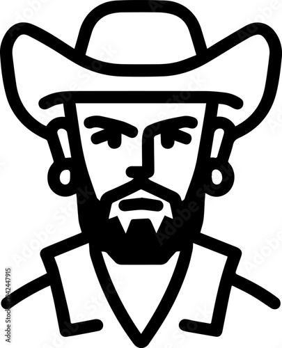 Hand Drawn Male Pirate Black and White Avatar Illustration in Minimal Line Art Style Design