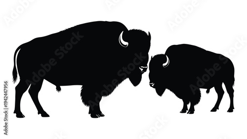 Two american bison stand facing each other in a black silhouette illustration