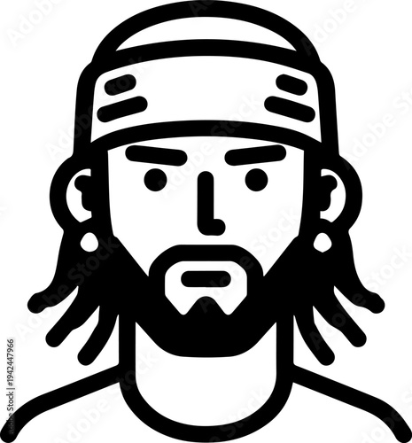 Hand Drawn Male Pirate Black and White Avatar Illustration in Minimal Line Art Style Design