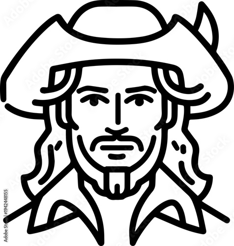 Hand Drawn Male Pirate Black and White Avatar Illustration in Minimal Line Art Style Design