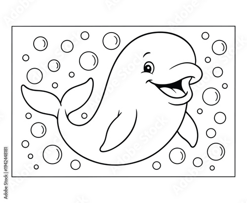 Cheerful dolphin coloring page for toddlers with underwater bubbles and framed background art