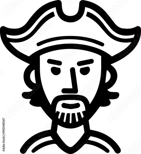 Hand Drawn Male Pirate Black and White Avatar Illustration in Minimal Line Art Style Design