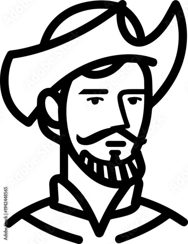 Hand Drawn Male Pirate Black and White Avatar Illustration in Minimal Line Art Style Design