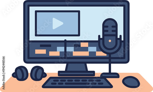 Computer screen displaying video editing timeline with microphone and headphones flat vector illustration for content creation and digital media production