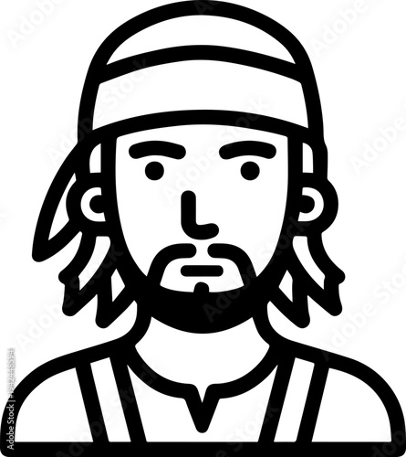 Hand Drawn Male Pirate Black and White Avatar Illustration in Minimal Line Art Style Design