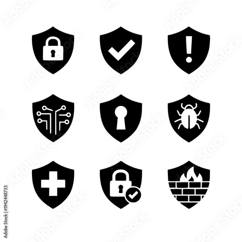 Collection of security and warning icons in a shield-shaped design
