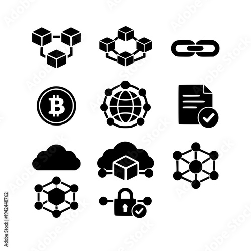 Collection of interconnected network and data storage icons in monochrome style