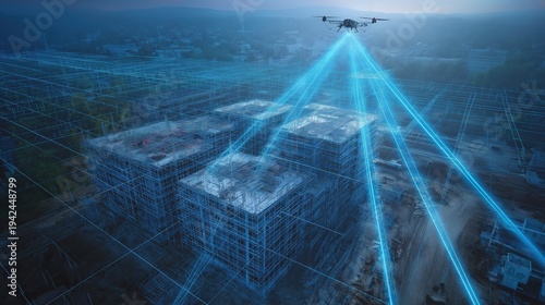 A drone scans a cityscape under construction, emitting blue laser beams to create a detailed digital 3D model of the buildings and environment.