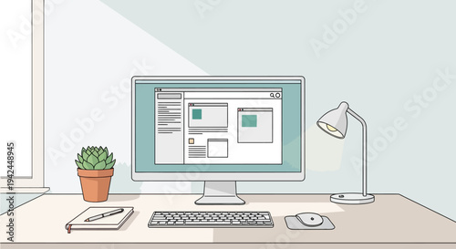 Clean modern workspace with computer, UI design and plant