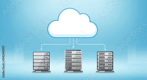 Cloud icon connected to multiple server racks data centers