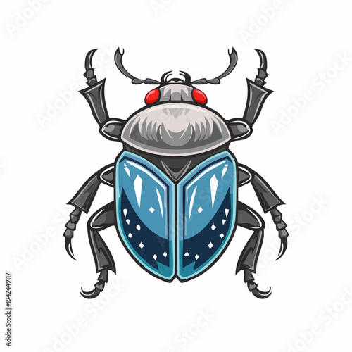 Colorful cartoon beetle illustration with blue shell and red eyes