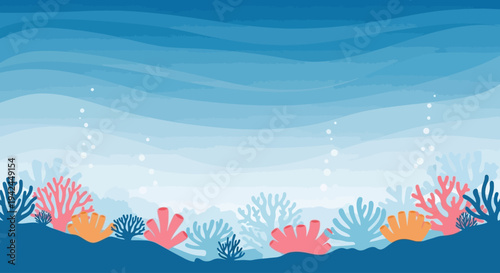 Colorful coral reef underwater scene with blue ocean layers